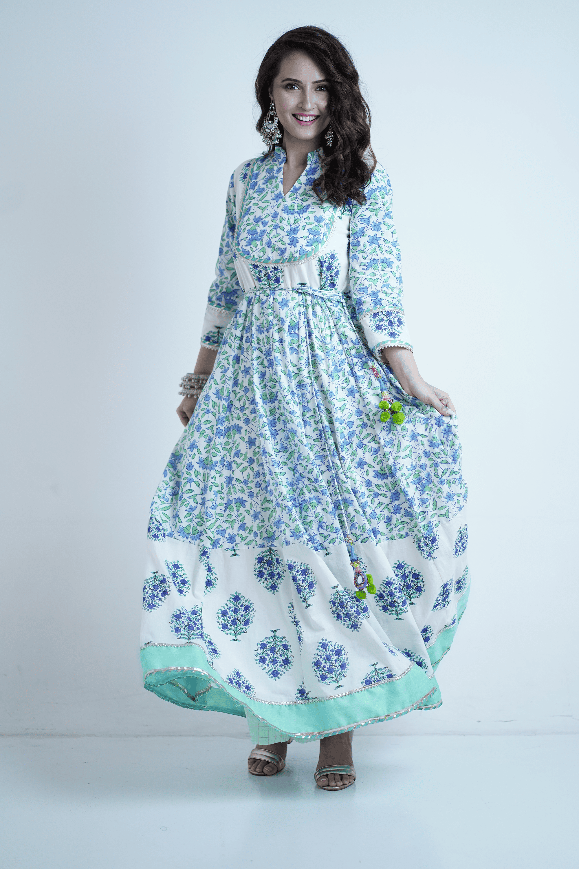 Cotton Floral Anarkali Kurta Set - Mint Trim
